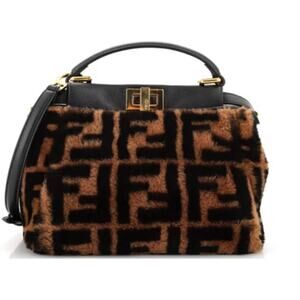 Fendi Mini Shearling Peekaboo Bag Sheepskin Fur Brown/Black FF Zucca Selleria